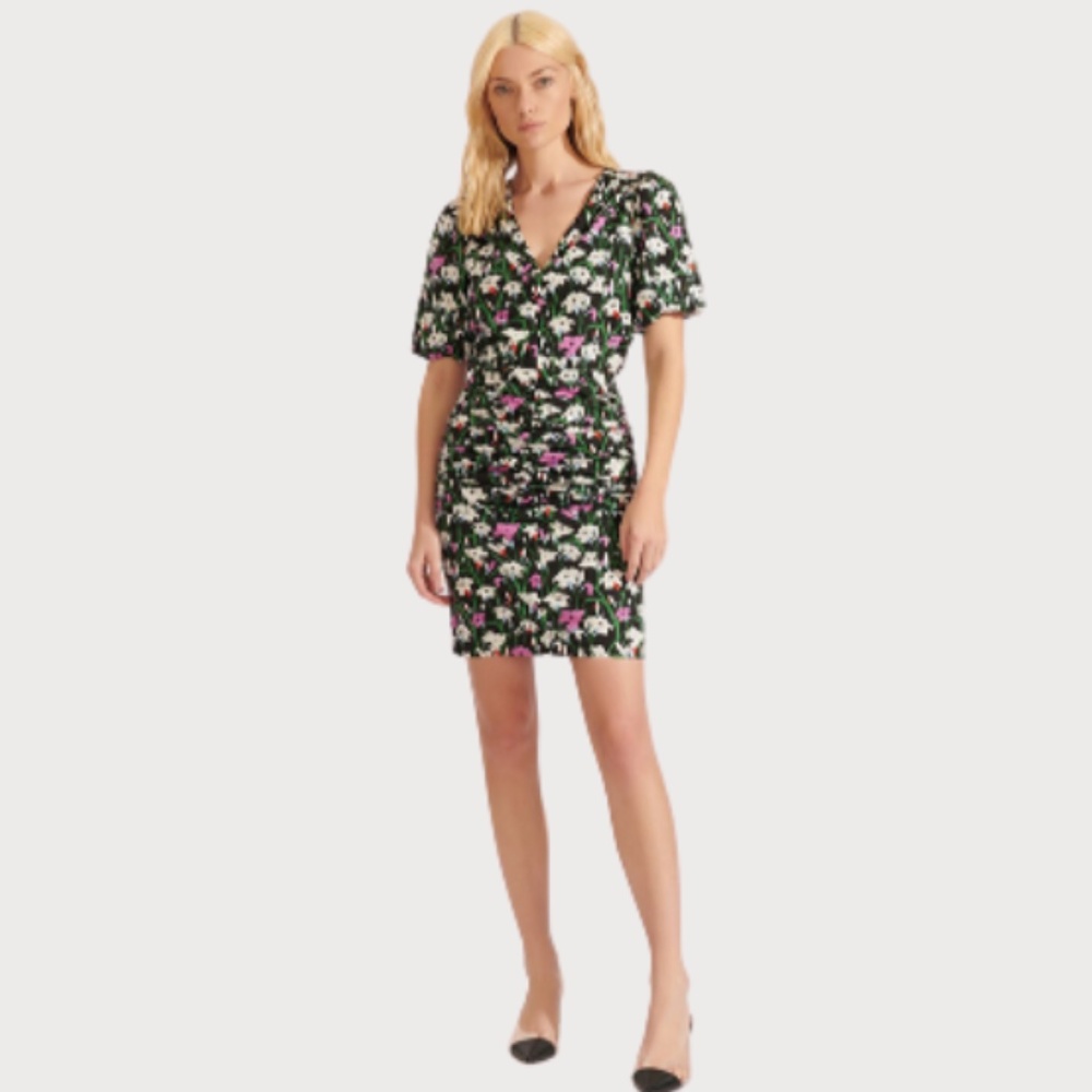 New! Veronica Beard Janis Floral-Print Ruched Dress | 00 - Picture 2 of 6
